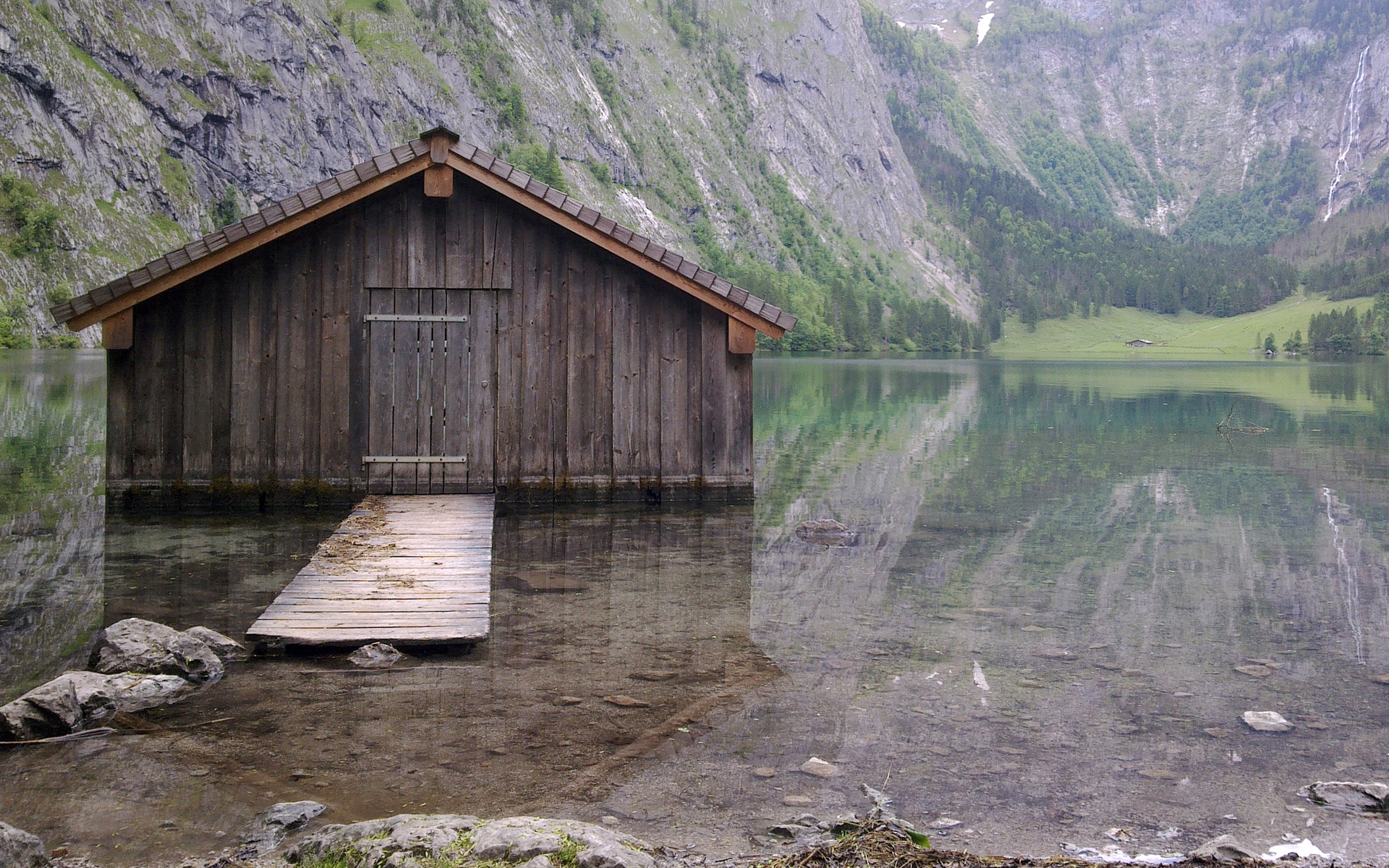 хижина, озеро, отражение, boat hut