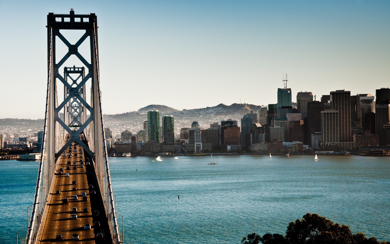 город,San Fransisco,мост,река,здания,высотки