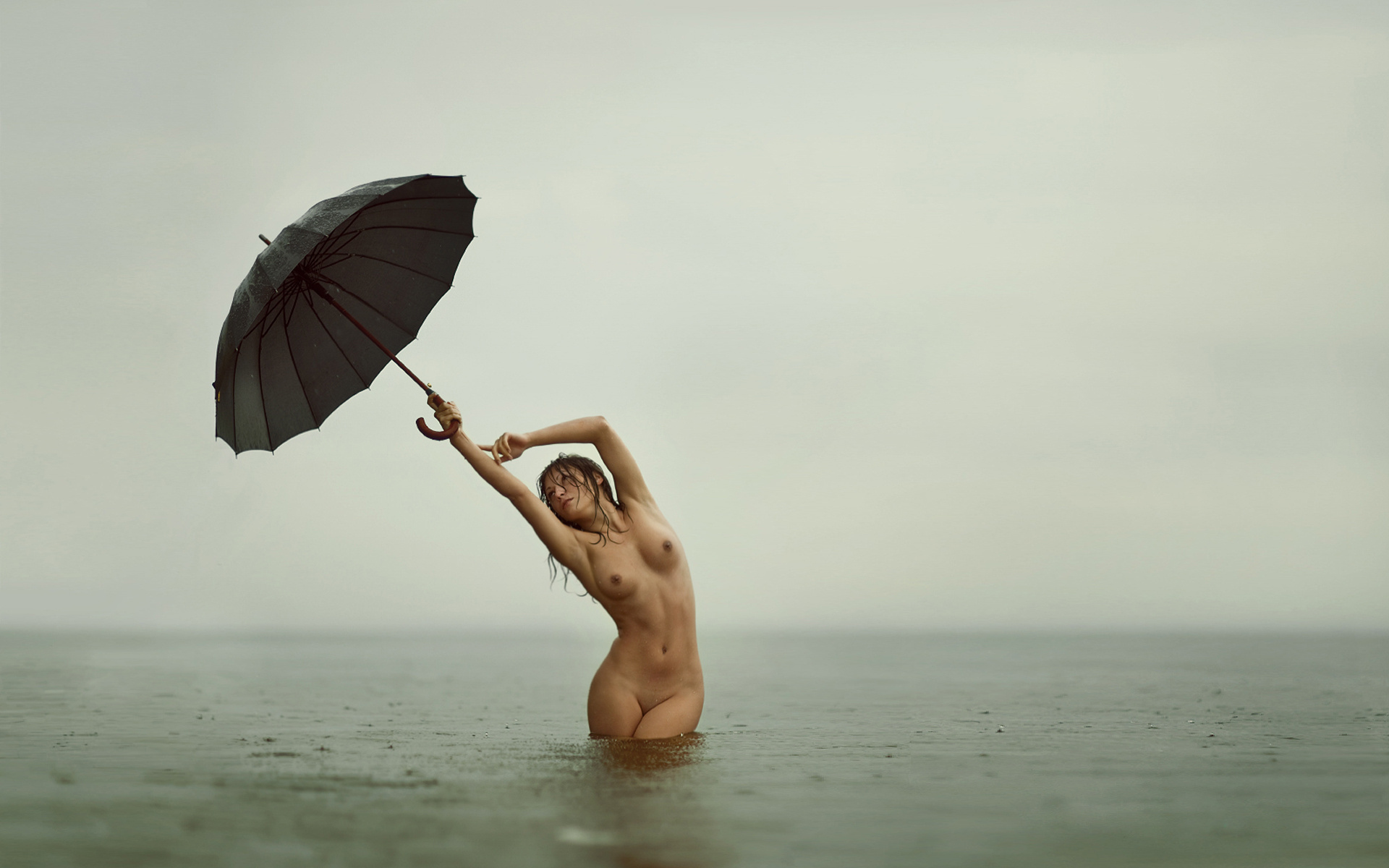 девушка, зонт, вода, грудь, тело , грация